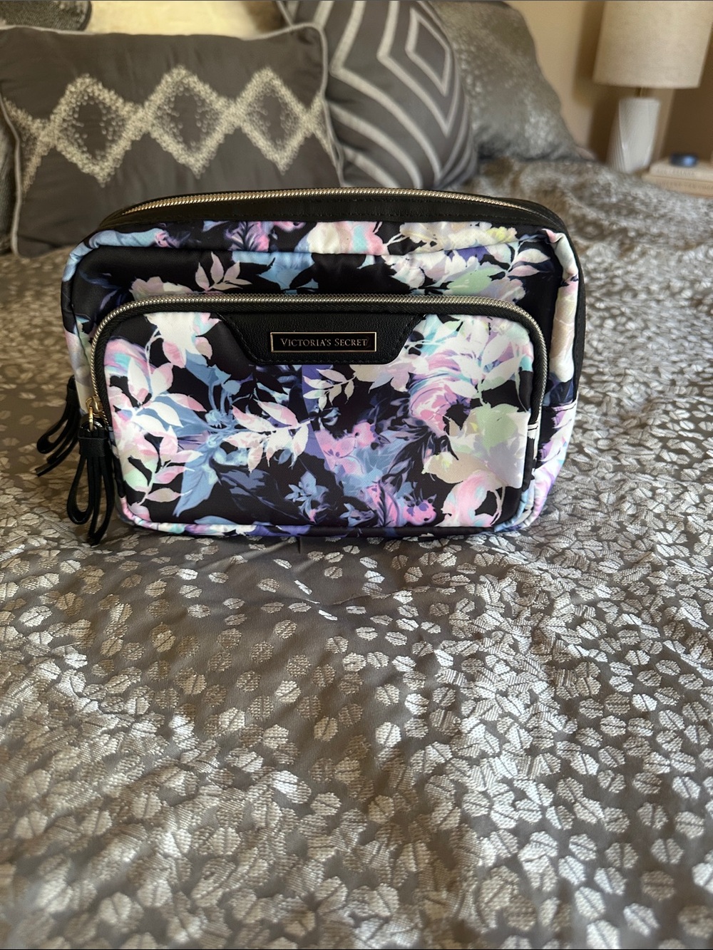 Victoria's Secret Black Floral Pastel Cosmetic Pouch